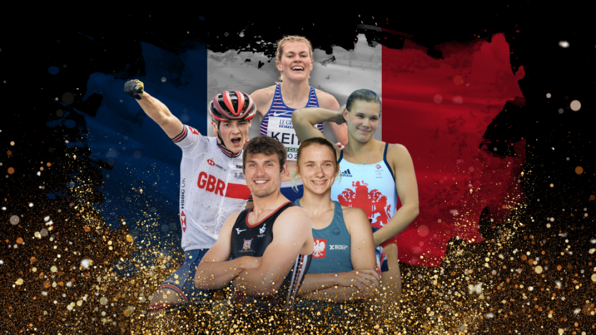 Image of olympians Oli Wilkes, Aleksandra Kalucka, Grace Reid, Charlie Aldridge and Megan Keith with gold glitter and french flag in background