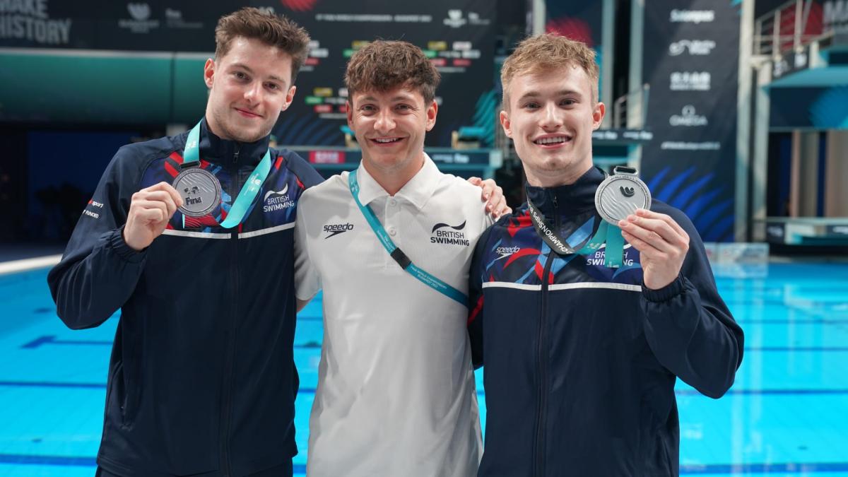 Anthony Harding Adam Smallwood Jack Laugher holding silver medals for 3m Synchro - Budapest 2022