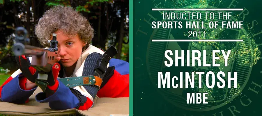 Image of Shirley McIntosh with text: Inducted to the Sports Hall of Fame 2011, Shirley McIntosh MBE