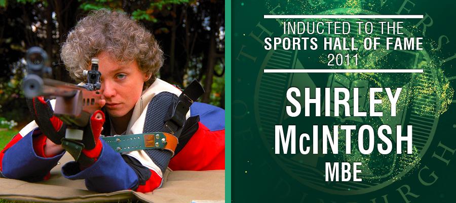 Image of Shirley McIntosh with text: Inducted to the Sports Hall of Fame 2011, Shirley McIntosh MBE