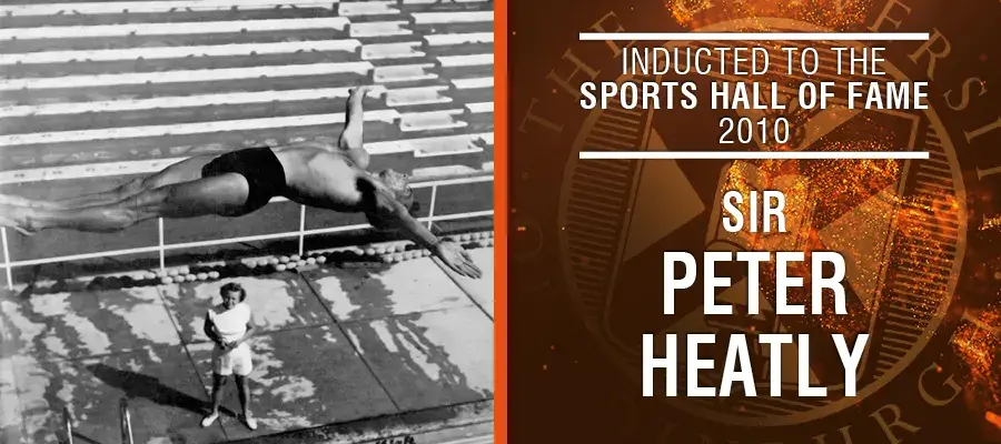 Image of Sir Peter Heatly with text: Inducted to the Sports Hall of Fame 2010, Sir Peter Heatly