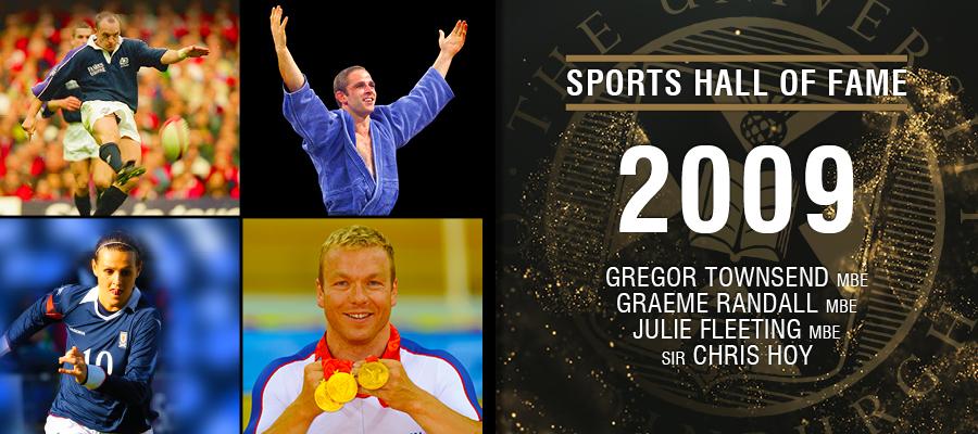 Image with text: Sports hall of fame 2009. Gregor Townsend MBE, Graeme Randall MBE, Jully Fleeting MBE and Sir Chris Hoy and images of Gregor Townsend MBE, Graeme Randall MBE, Jully Fleeting MBE and Sir Chris Hoy