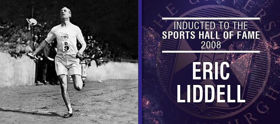 Image of Eric Liddell with text: Inducted to the Sports Hall of Fame 2008, Eric Liddell