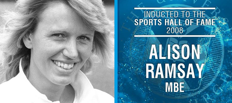 Image of Alison Ramsay with text: Inducted to the Sports Hall of Fame 2008, Alison Ramsay MBE