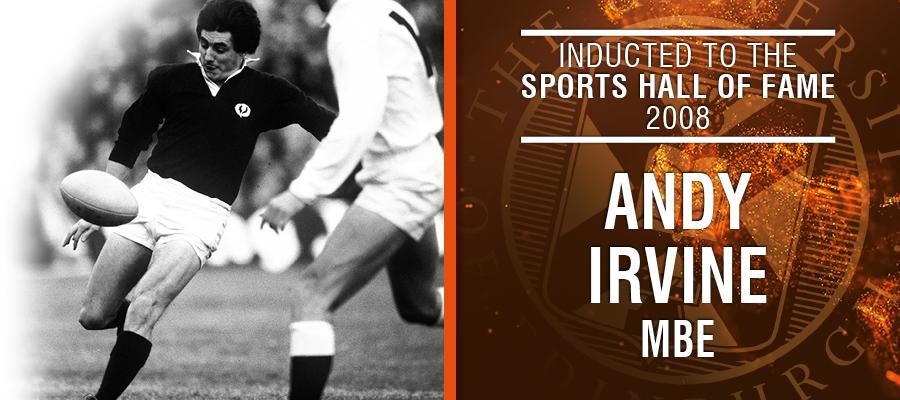 Image of Andy Irvine with text: Inducted to the Sports Hall of Fame 2008, Andy Irvine MBE