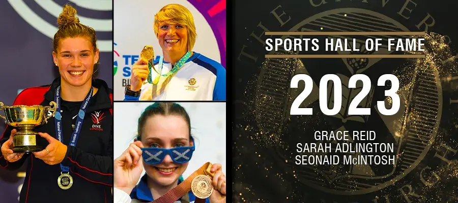 Image with text: Sports hall of fame 2023. Grace Reid. Sarah Adlington. Seonaid McIntosh and images of Grace Reid, Sarah Adlington and Seonaid McIntosh