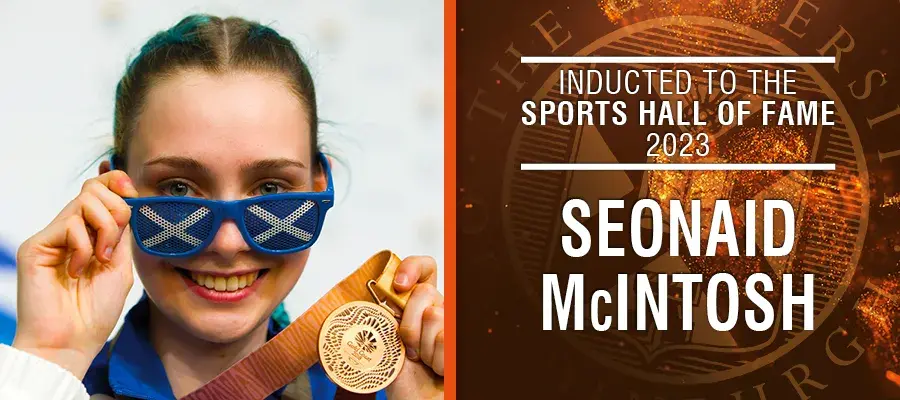 Image of Seonaid McIntosh with text: Inducted to the Sports Hall of Fame 2023, Seonaid McIntosh