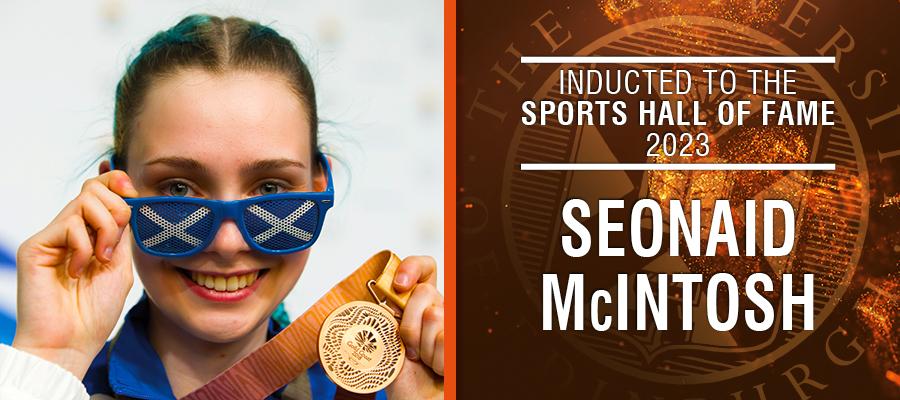 Image of Seonaid McIntosh with text: Inducted to the Sports Hall of Fame 2023, Seonaid McIntosh