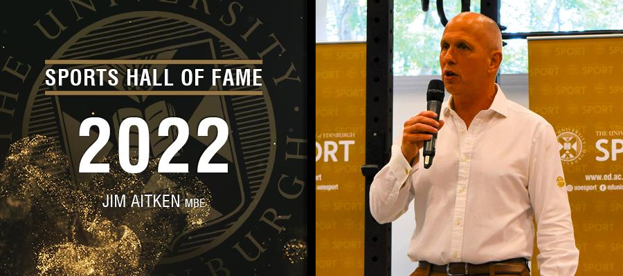 Image with text: Sports hall of fame 2022. Jim Aitken MBE and image of Jim Aitken MBE