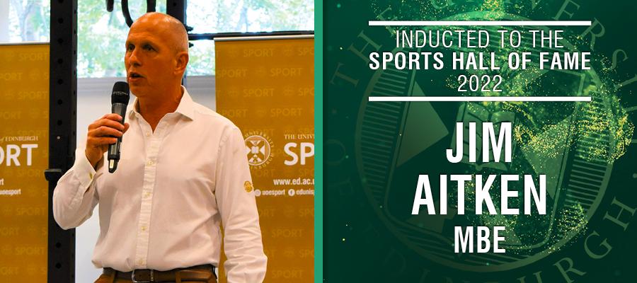 Image of Jim Aitken with text: Inducted to the Sports Hall of Fame 2022, Jim Aitken MBE