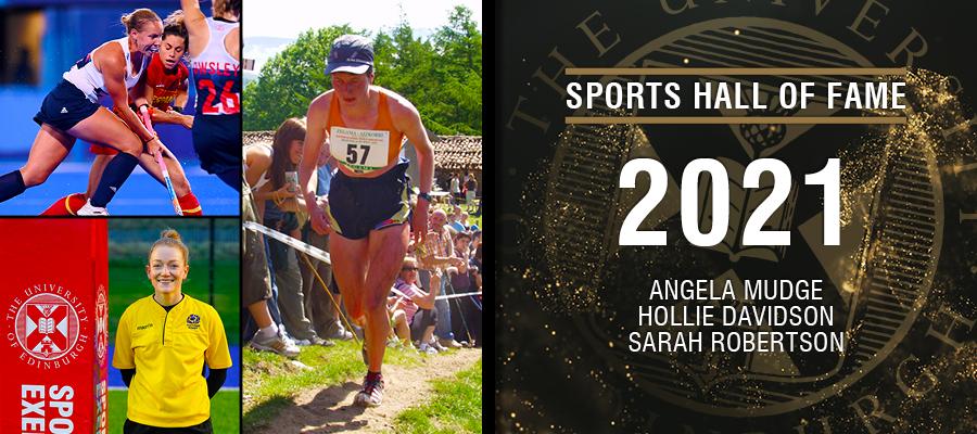 Image with text: Sports hall of fame 2021. Angela Mudge, Hollie Davidson and Sarah Robertson and images of Angela Mudge, Hollie Davidson and Sarah Robertson