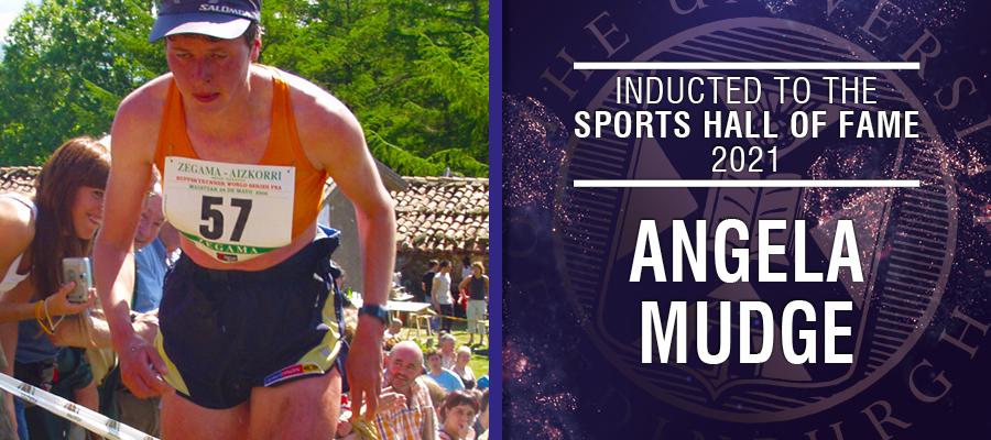 Image of Angela Mudge with text: Inducted to the Sports Hall of Fame 2021, Angela Mudge