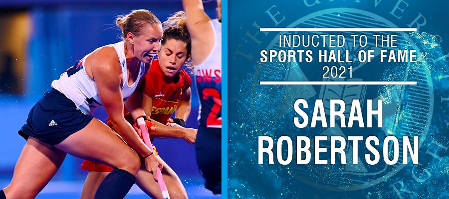 Image of Sarah Robertson with text: Inducted to the Sports Hall of Fame 2021, Sarah Robertson