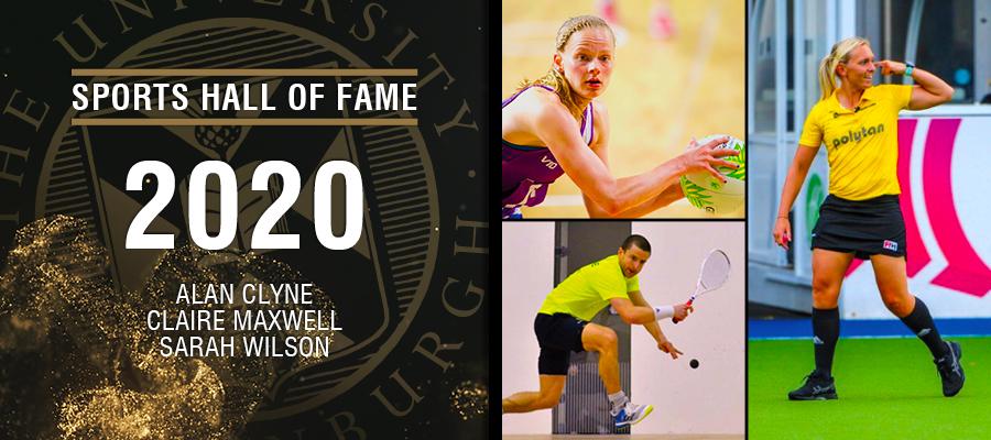 Image with text: Sports hall of fame 2020 Alan Clyne, Claire Maxwell and Sarah Wilson and images of Alan Clyne, Claire Maxwell and Sarah Wilson 