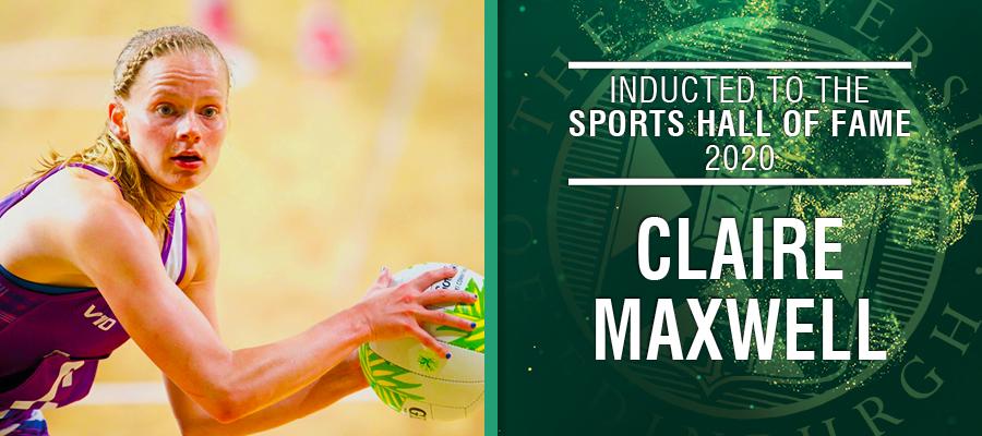 Image of Claire Maxwell with text: Inducted to the Sports Hall of Fame 2020, Claire Maxwell