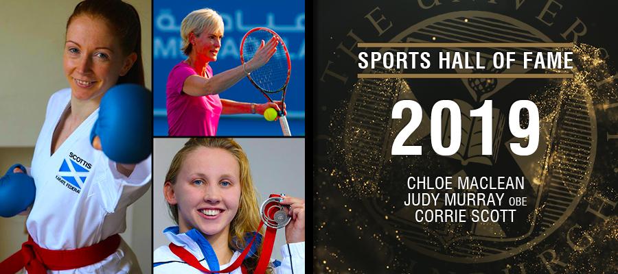 Image with text: Sports hall of fame 2019. Chloe Maclean, Judy Murray and Corrie Scott and images of Chloe Maclean, Judy Murray and Corrie Scott