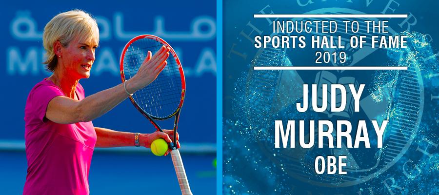 Image of Judy Murray with text: Inducted to the Sports Hall of Fame 2020, Judy Murray OBE