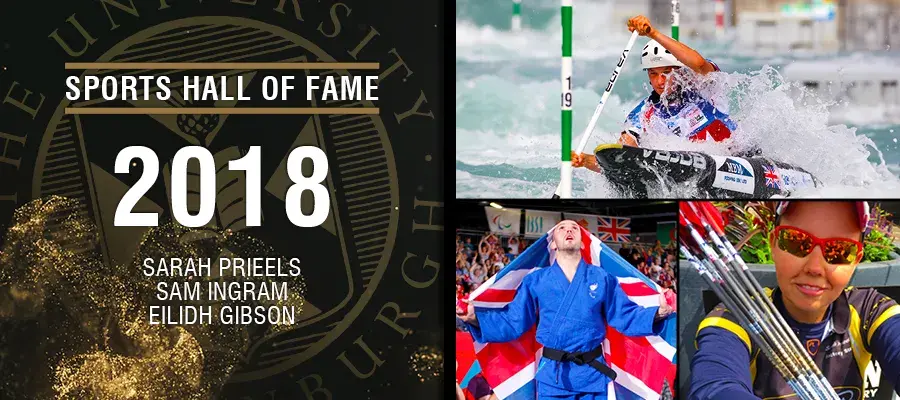 Image with text: Sports hall of fame 2018. Sarah Prieels, Sam Ingram and Eilidh Gibson and images of Sarah Prieels, Sam Ingram and Eilidh Gibson