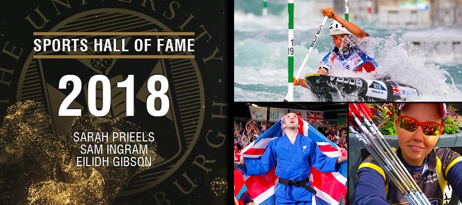 Image with text: Sports hall of fame 2018. Sarah Prieels, Sam Ingram and Eilidh Gibson and images of Sarah Prieels, Sam Ingram and Eilidh Gibson