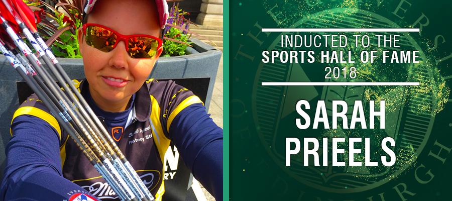 Image of Sarah Prieels with text: Inducted to the Sports Hall of Fame 2018, Sarah Prieels