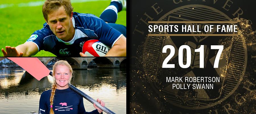 Image with text: Sports hall of fame 2017.Mark Robertson and Polly Swann and images of Mark Robertson and Polly Swann