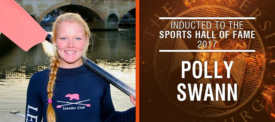 Image of Polly Swann with text: Inducted to the Sports Hall of Fame 2017, Polly Swann