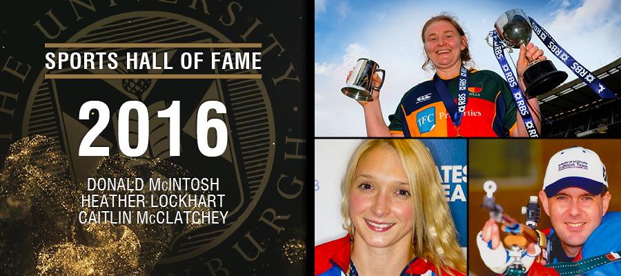 Image with text: Sports hall of fame 2016. Donald McIntosh, Heather Lockhart and Caitlin McClatchey and images of Donald McIntosh, Heather Lockhart and Caitlin McClatchey