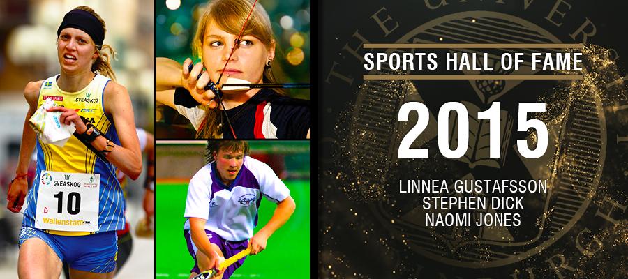 Image with text: Sports hall of fame 2015.Linnea Gustafsson, Stephen Dick and Naomi Jones and images of Linnea Gustafsson, Stephen Dick and Naomi Jones