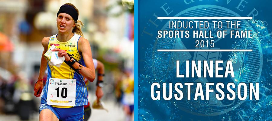 Image of Linnea Gustafsson with text: Inducted to the Sports Hall of Fame 2015, Linnea Gustafsson