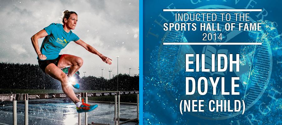 Image of Eilidh Doyle with text: Inducted to the Sports Hall of Fame 2014, Eilidh Doyle (nee Child)