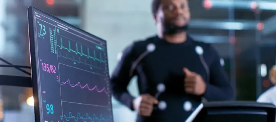 Runner in background as a screen in foreground shows stats