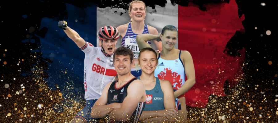 Image of olympians Oli Wilkes, Aleksandra Kalucka, Grace Reid, Charlie Aldridge and Megan Keith with gold glitter and french flag in background