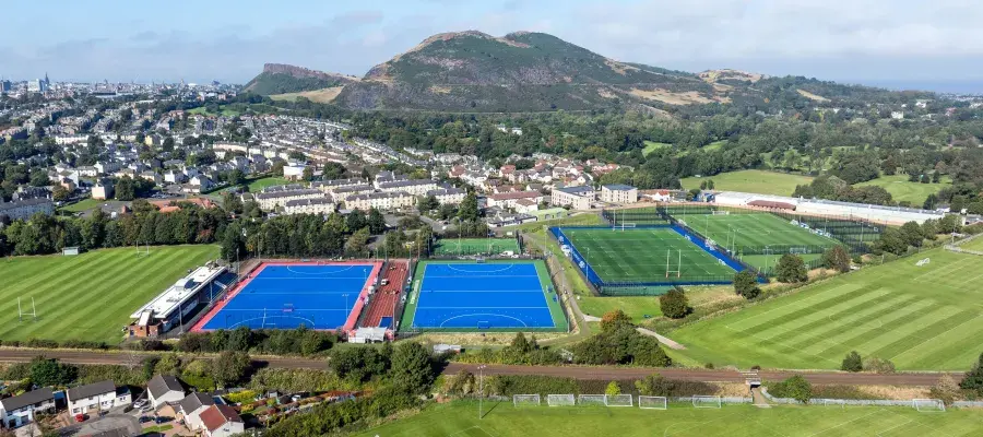 Birds Eye view of peffermill Playing fields with arthurs seat in background