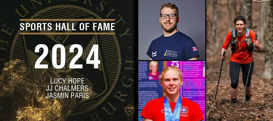 Image with text: Sports hall of fame 2024. Lucy Hope, JJ Chalmers, Jasmin Paris and images of Lucy Hope, JJ Chalmers and Jasmin Paris