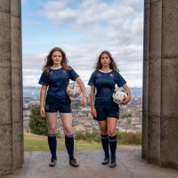 two people stood between pillars on calton monument holding footballs