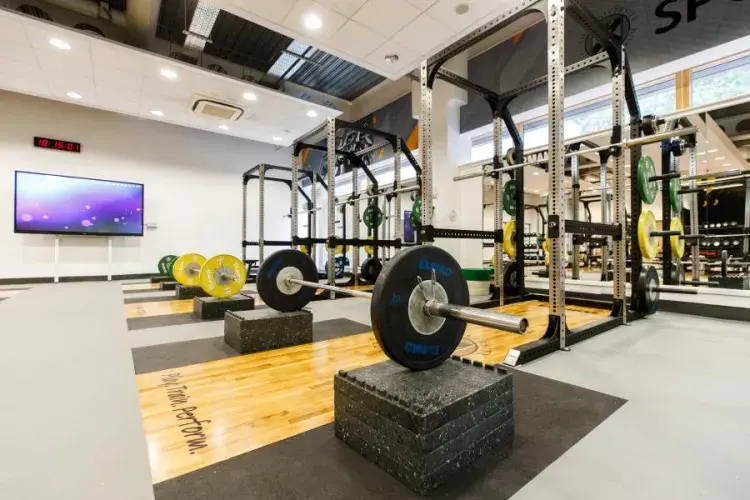 Low shot of gym weights resting on blocks
