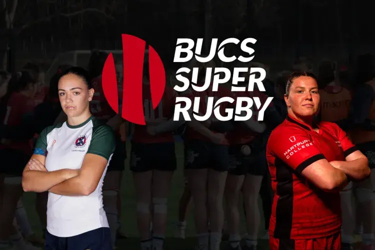 2 women's rugby players wither side of a BUCS Super Rugby logo