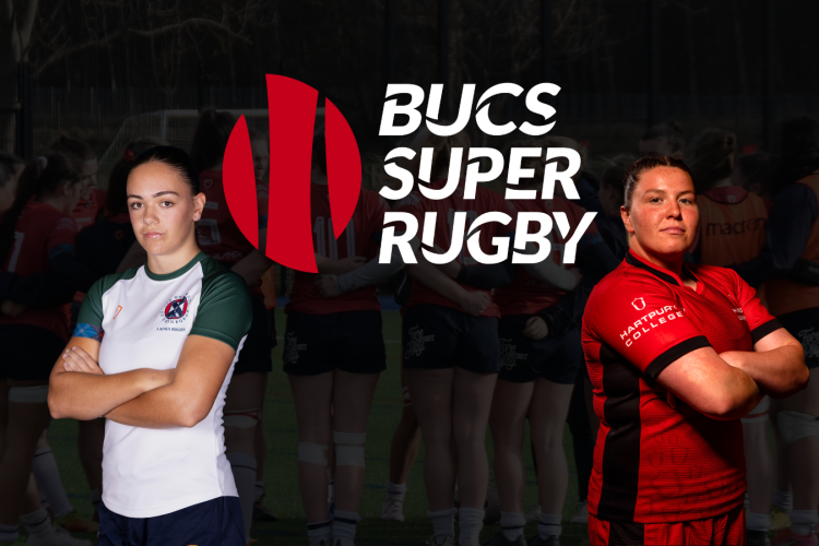 2 women's rugby players wither side of a BUCS Super Rugby logo