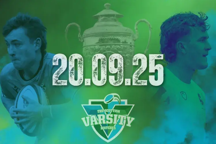 Scottish Varsity Match 2025 save the date - blue and green smokey graphic