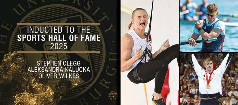 Image of Oli Wilkes, Aleksandra Kalucka, and Stephen clegg with text reading inducted into the 2025 sports hall of fame