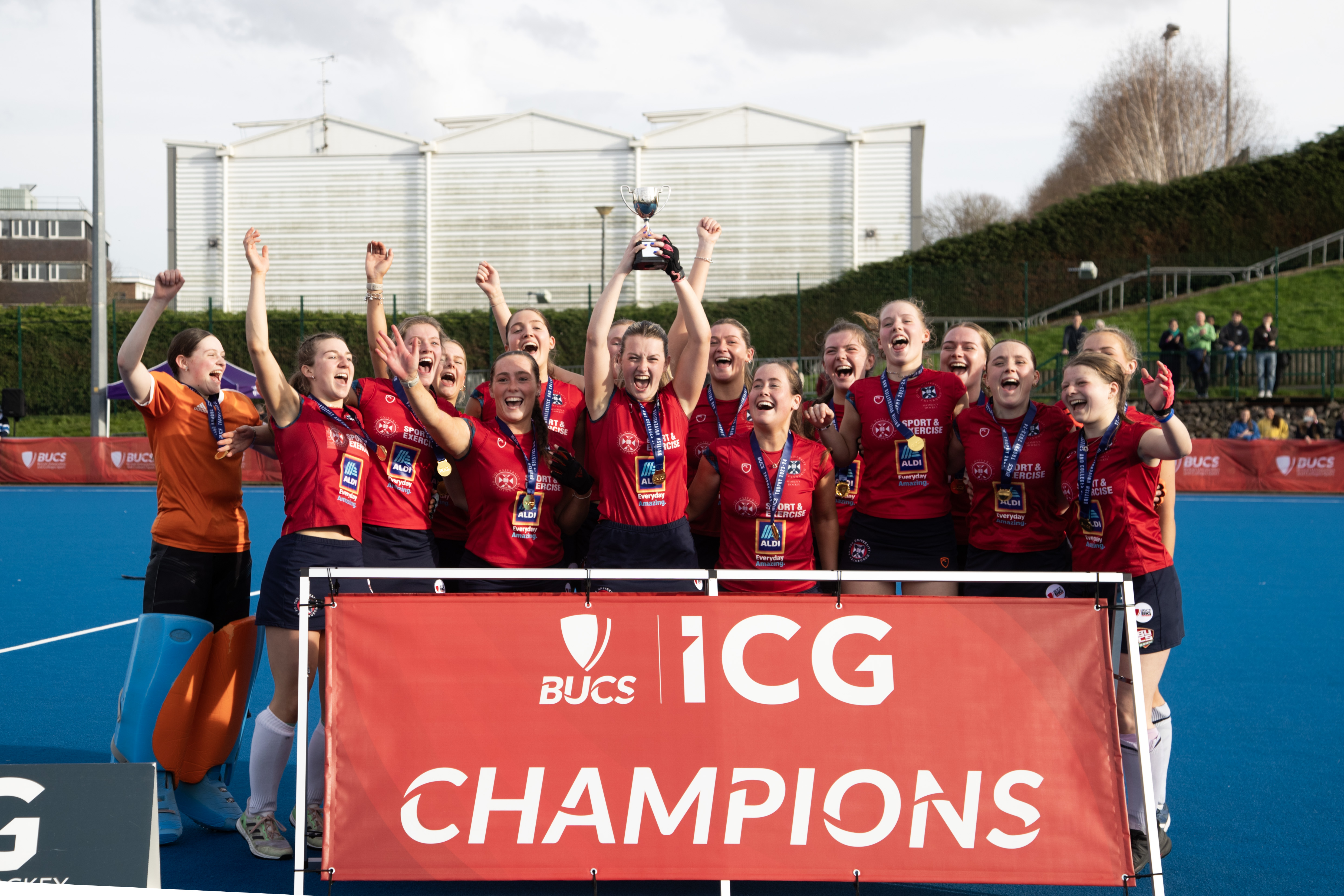 Image of Women's hockey team lifting Trophy at BUCS Big Wednesday